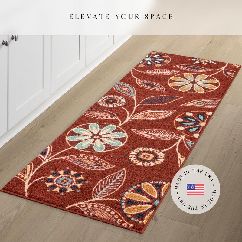 Maples Rugs Reggie Floral Runner Rug - Made in USA - Washable, Non Slip Indoor Carpet for Kitchen, Hallway, and Laundry Room, 2' x 6', Merlot - Image 2